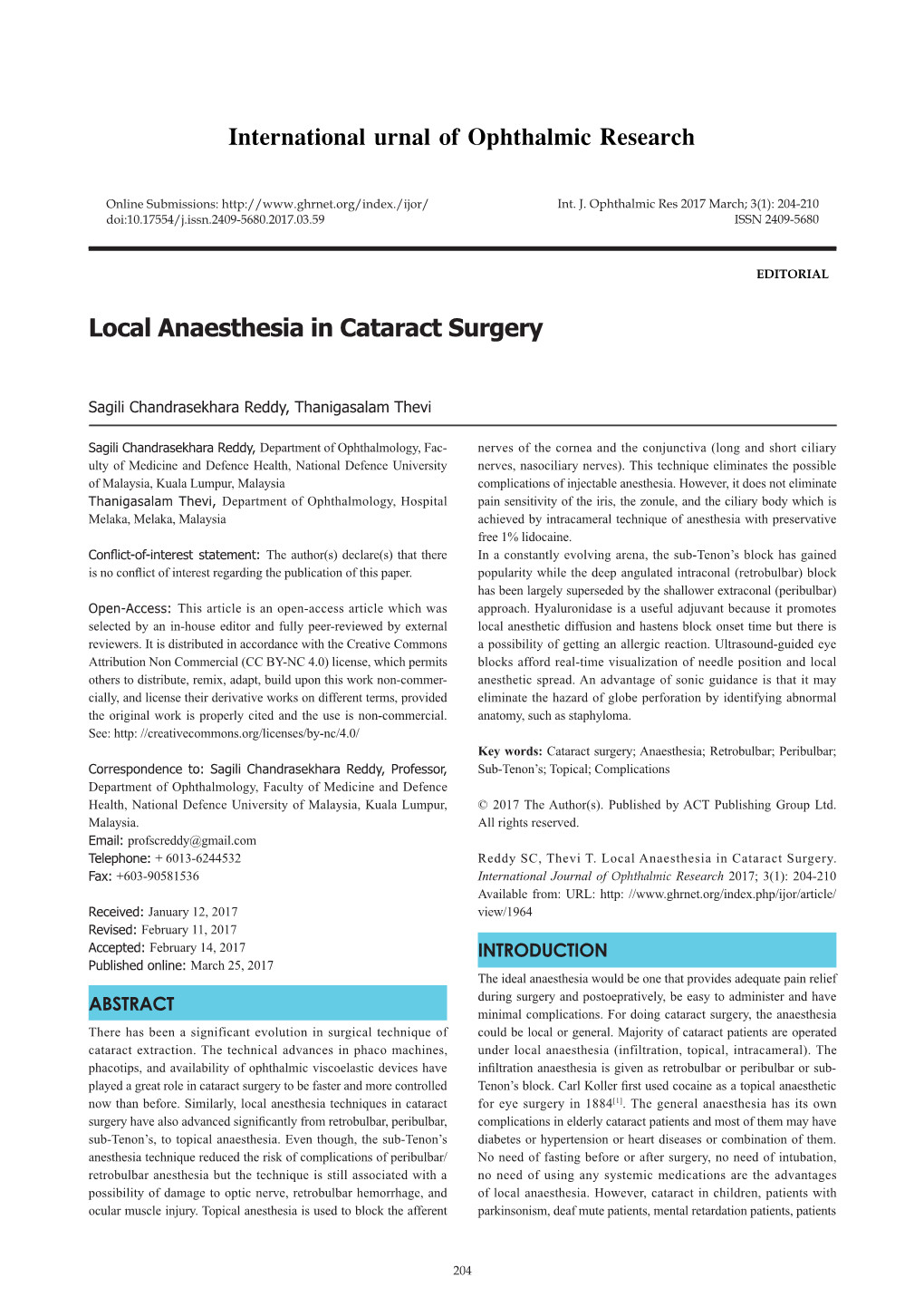Local Anaesthesia in Cataract Surgery