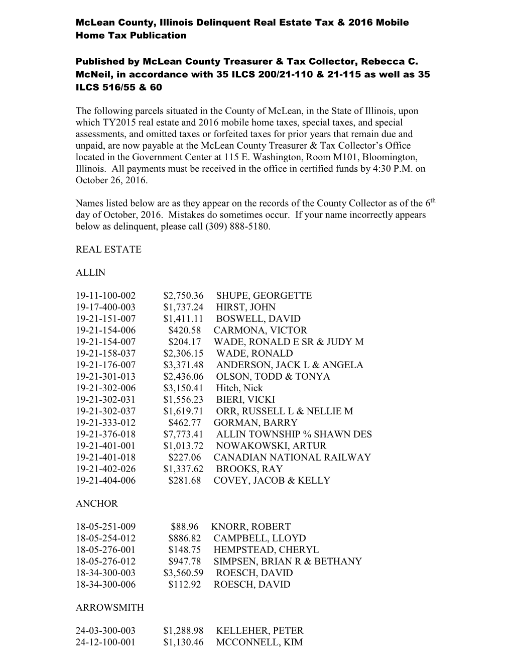 Mclean County, Illinois Delinquent Real Estate Tax & 2016 Mobile