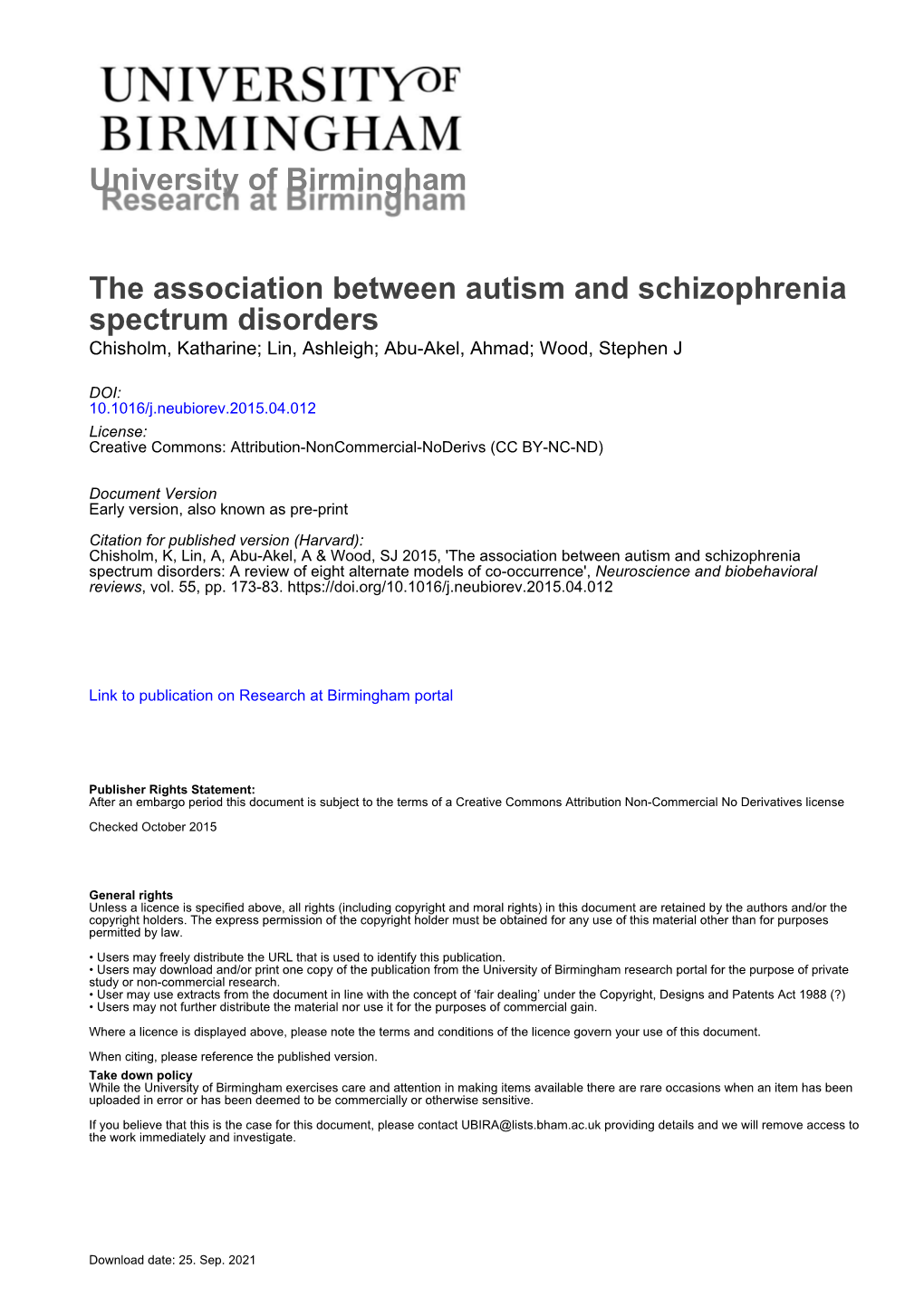 University of Birmingham the Association Between Autism And