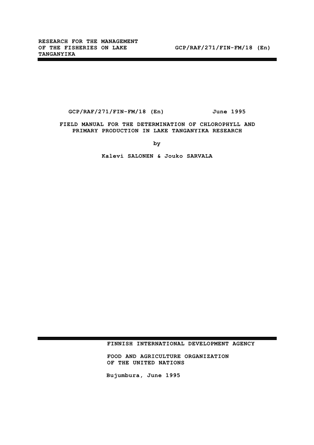 Field Manual for the Determination of Chlorophyll & Primary Production In