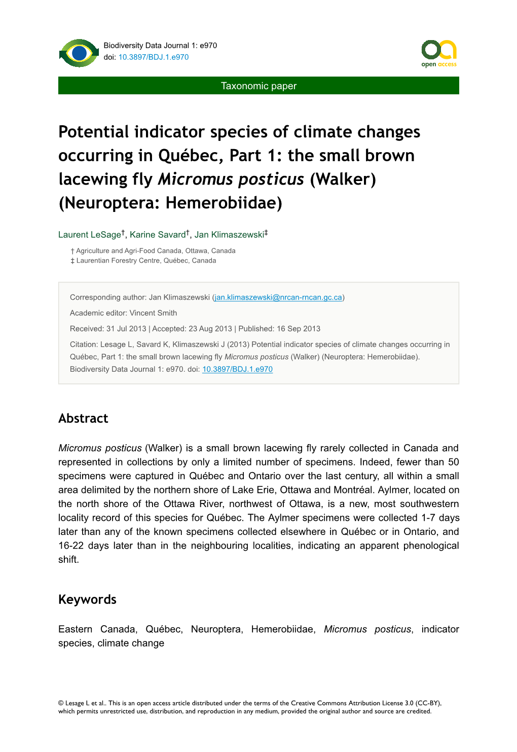 Potential Indicator Species of Climate Changes Occurring in Québec, Part 1: the Small Brown Lacewing Fly Micromus Posticus (Walker) (Neuroptera: Hemerobiidae)