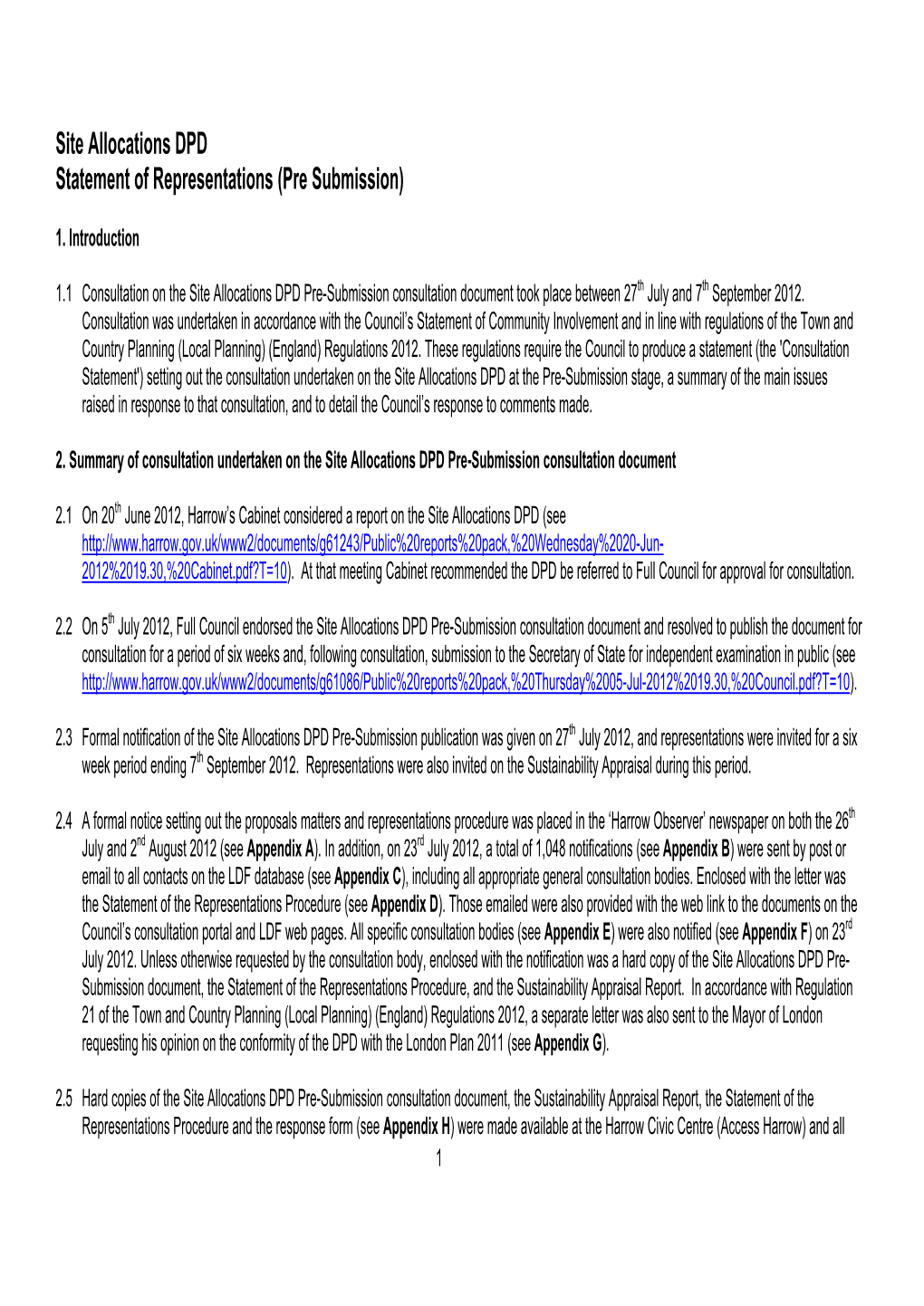 Site Allocations DPD Statement of Representations (Pre Submission)