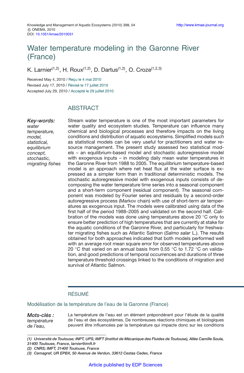 Water Temperature Modeling in the Garonne River (France)