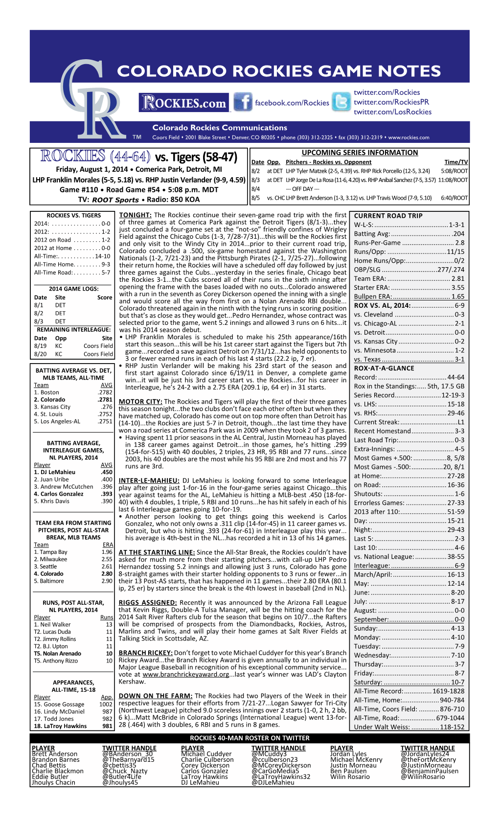 Colorado Rockies Game Notes