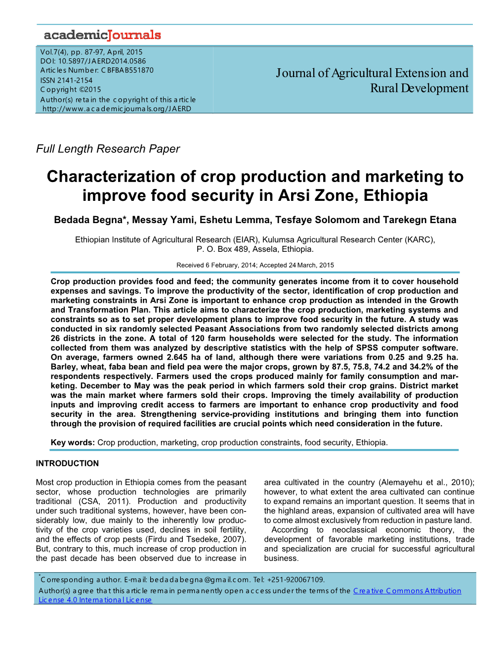 Characterization of Crop Production and Marketing to Improve Food Security in Arsi Zone, Ethiopia