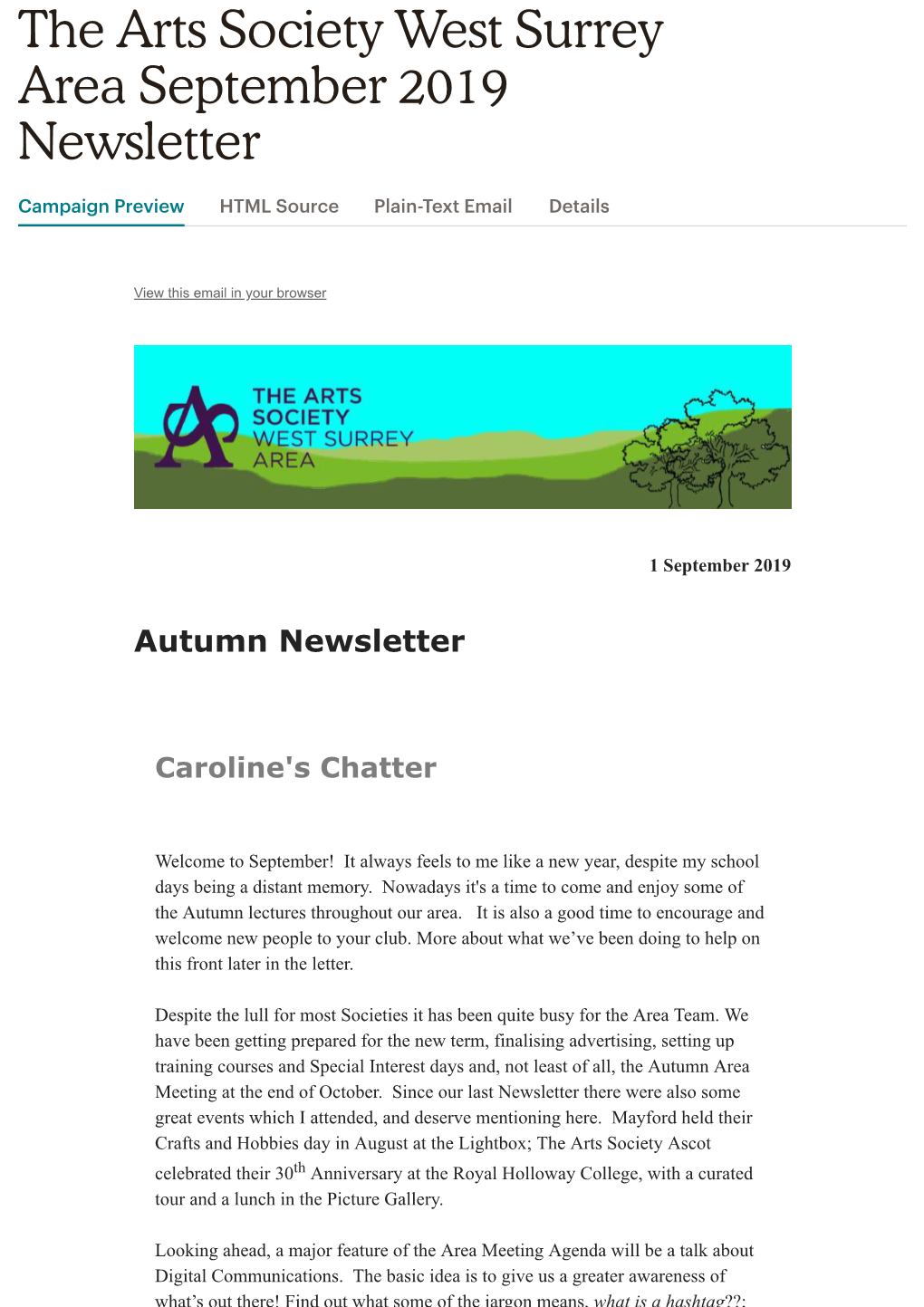 The Arts Society West Surrey Area September 2019 Newsletter