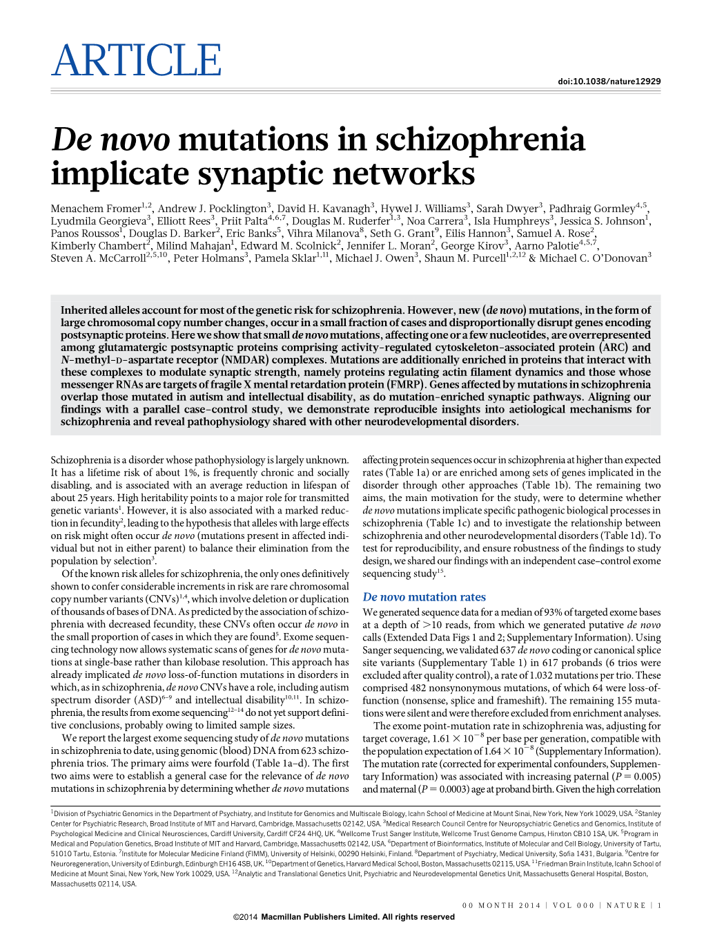 De Novo Mutations in Schizophrenia Implicate Synaptic Networks