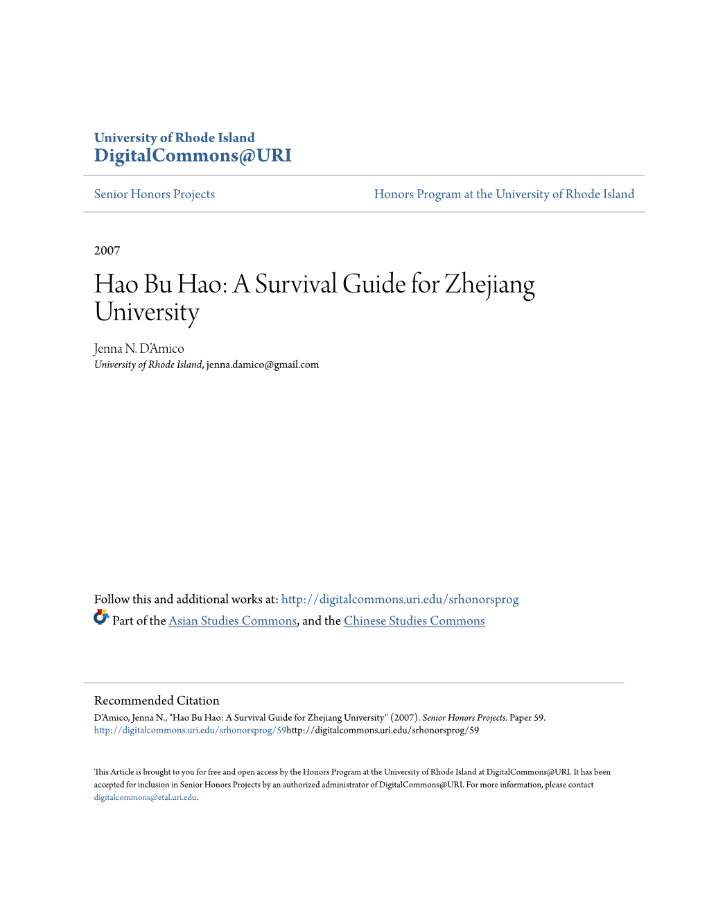 Hao Bu Hao: a Survival Guide for Zhejiang University Jenna N