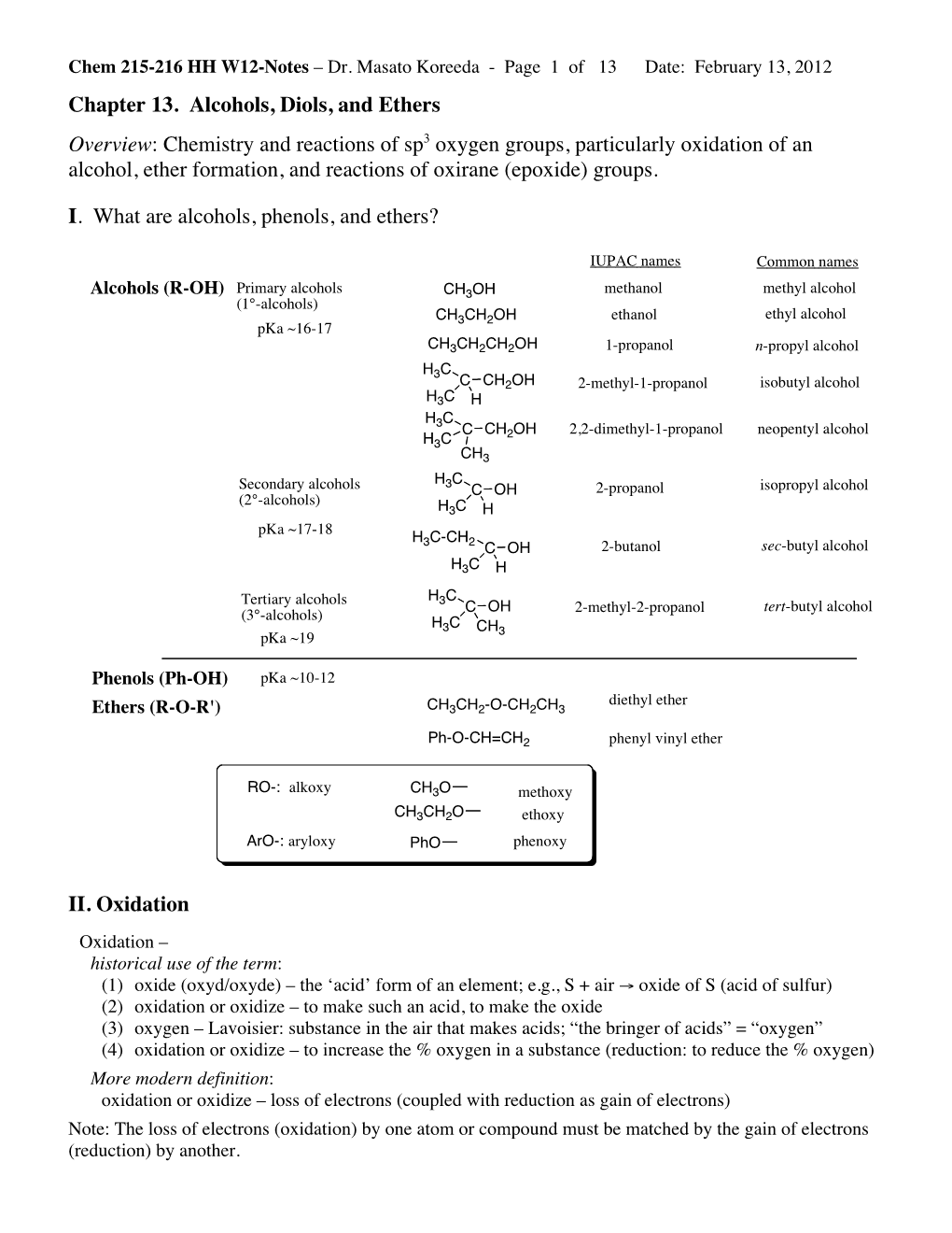 Chem 215-216 HH W12-Notes – Dr. Masato Koreeda - Page 1 of 13 Date: February 13, 2012