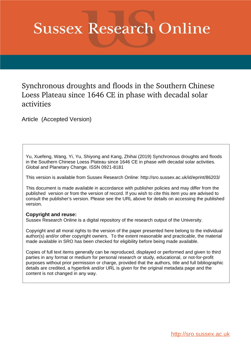 Synchronous Droughts and Floods in the Southern Chinese Loess Plateau Since 1646 CE in Phase with Decadal Solar Activities