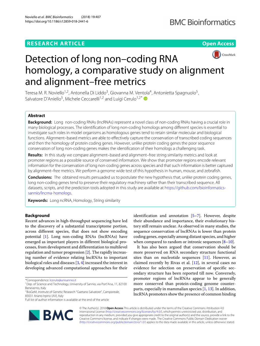 Detection of Long Non-Coding RNA Homology, a Comparative Study on Alignment and Alignment-Free Metrics