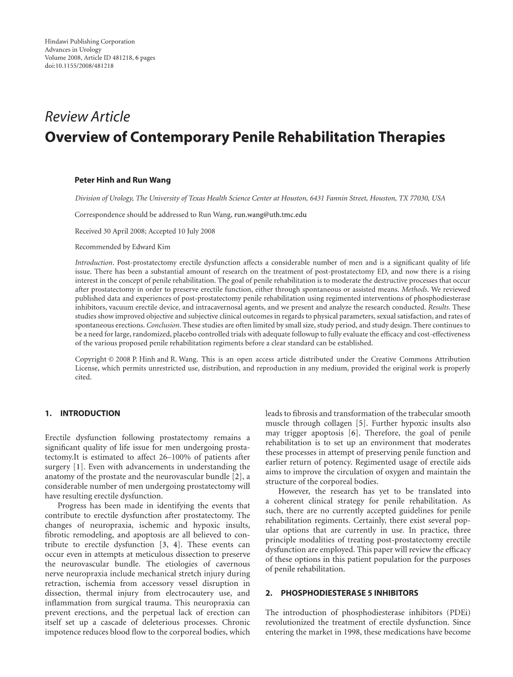 Overview of Contemporary Penile Rehabilitation Therapies