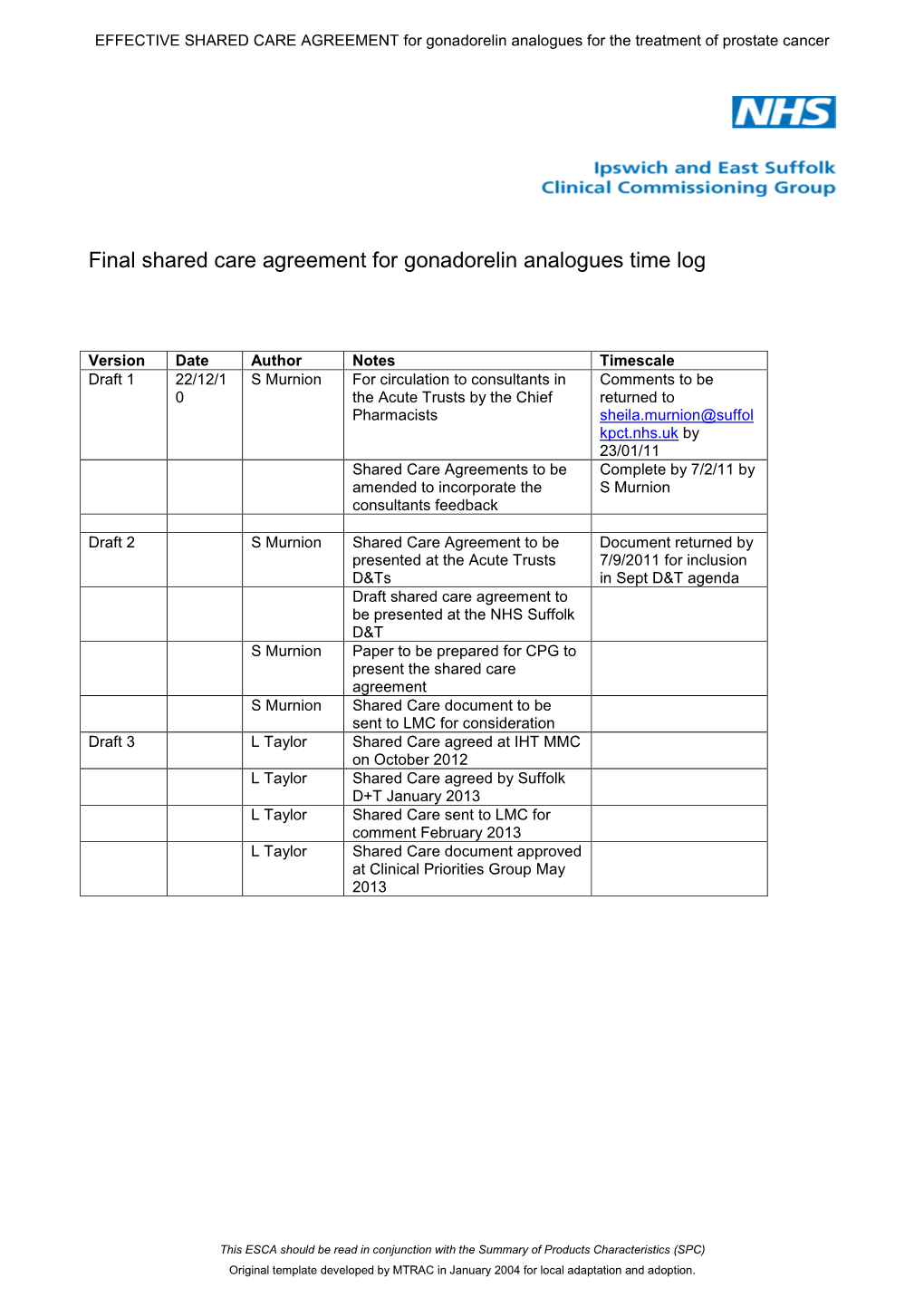 Final Shared Care Agreement for Gonadorelin Analogues Time Log