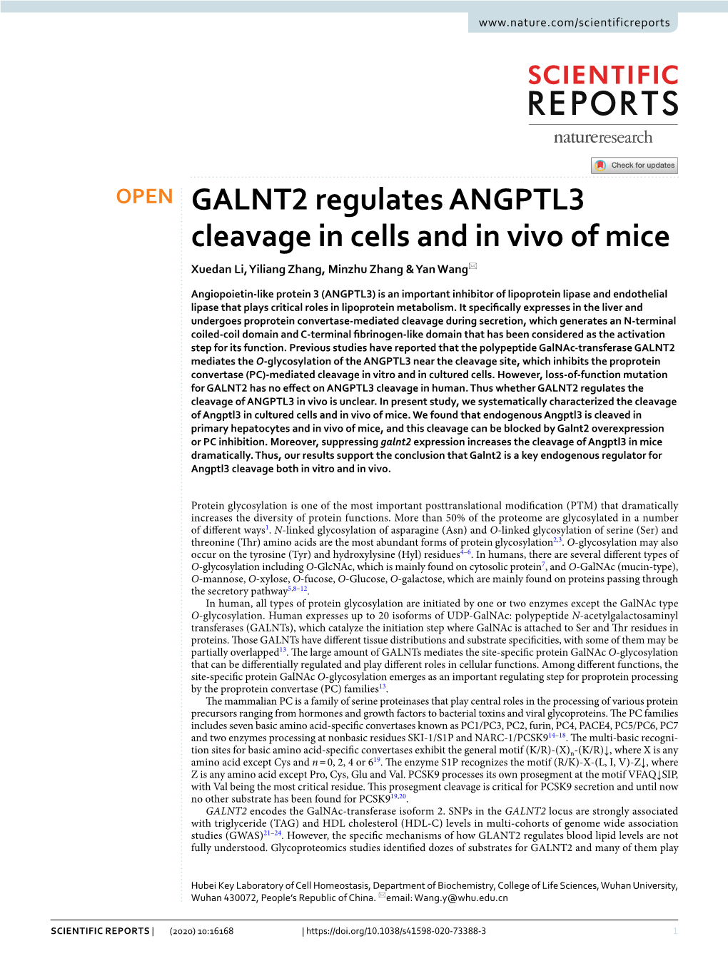 GALNT2 Regulates ANGPTL3 Cleavage in Cells and in Vivo of Mice Xuedan Li, Yiliang Zhang, Minzhu Zhang & Yan Wang*