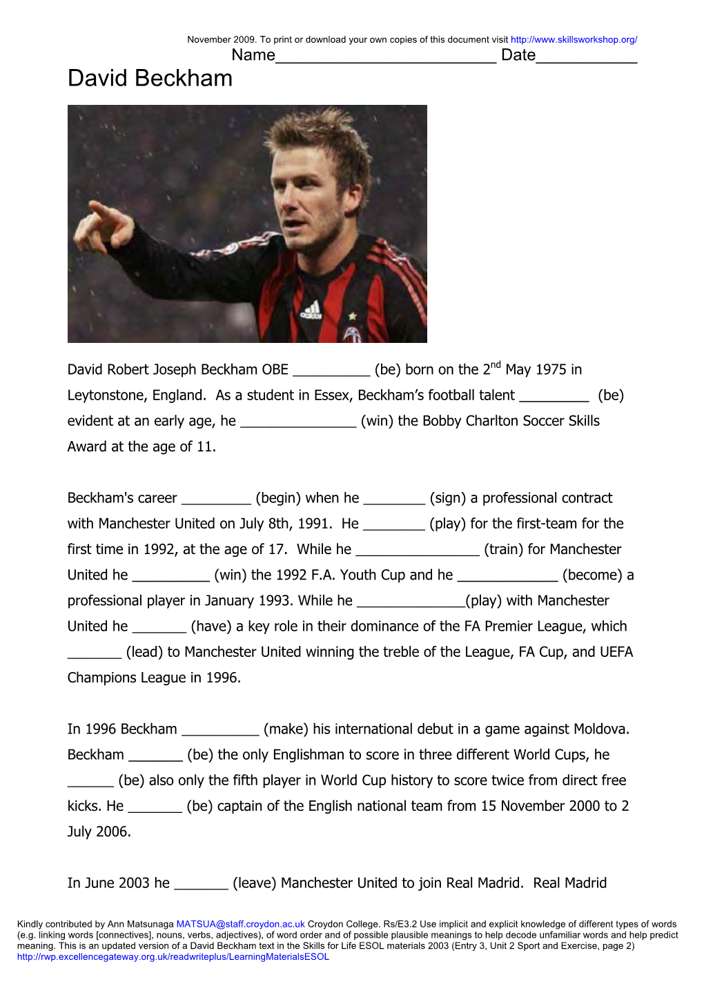 Entry 3 David Beckham Cloze Exercise Past Tense Verbs Rs/E3.2