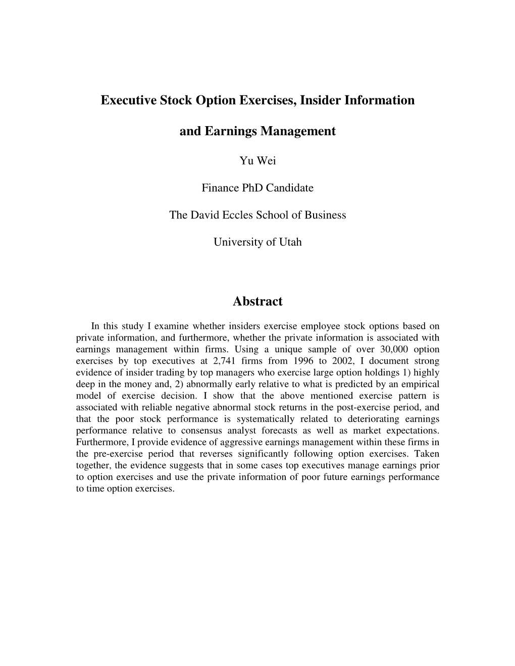 Executive Stock Option Exercises, Insider Information and Earnings