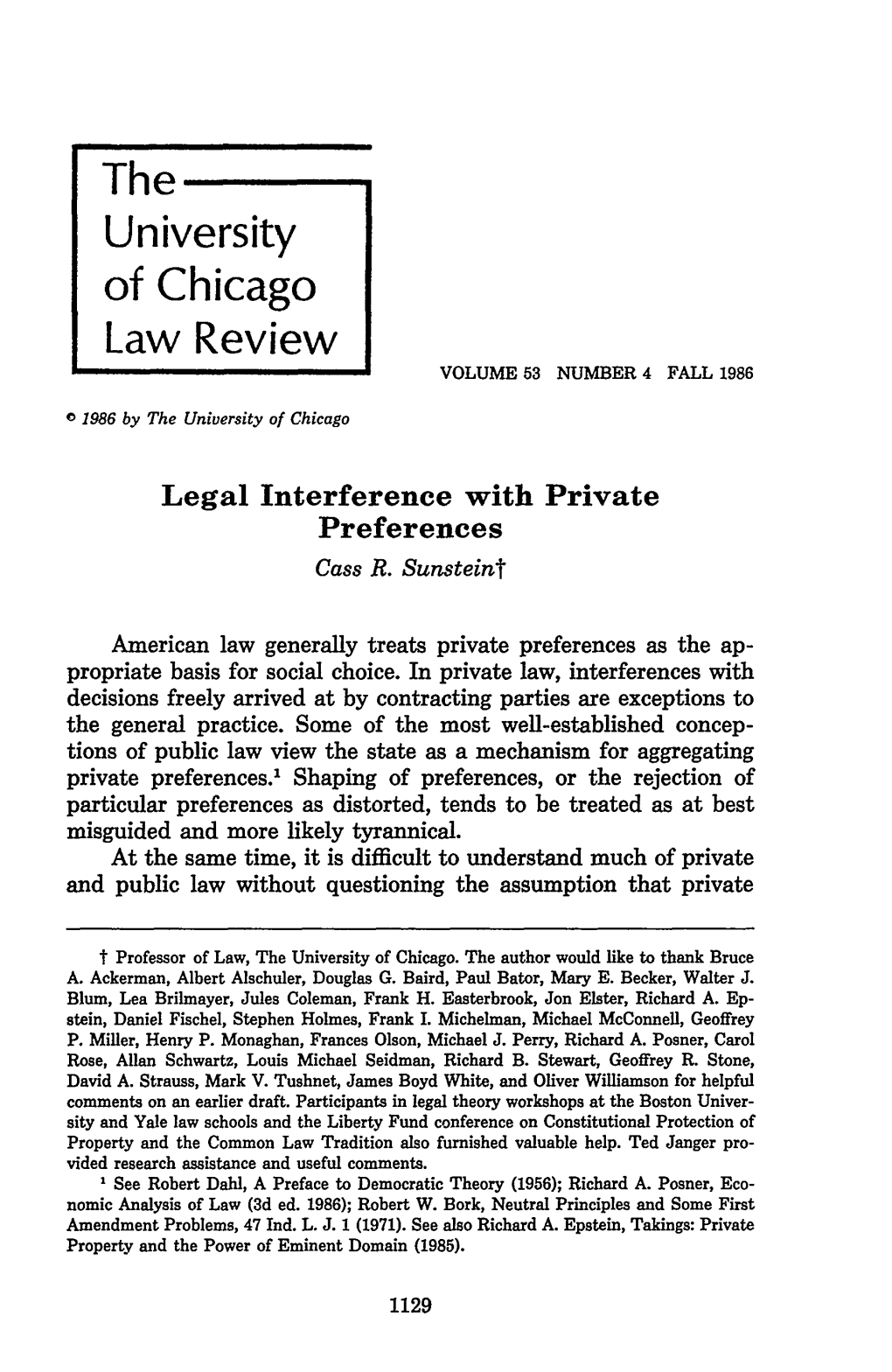 Legal Interference with Private Preferences Cass R