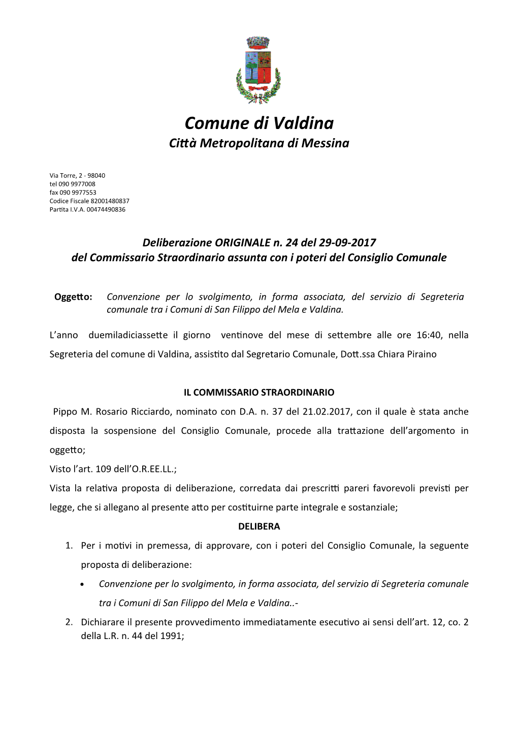 Comune Di Valdina Città Metropolitana Di Messina