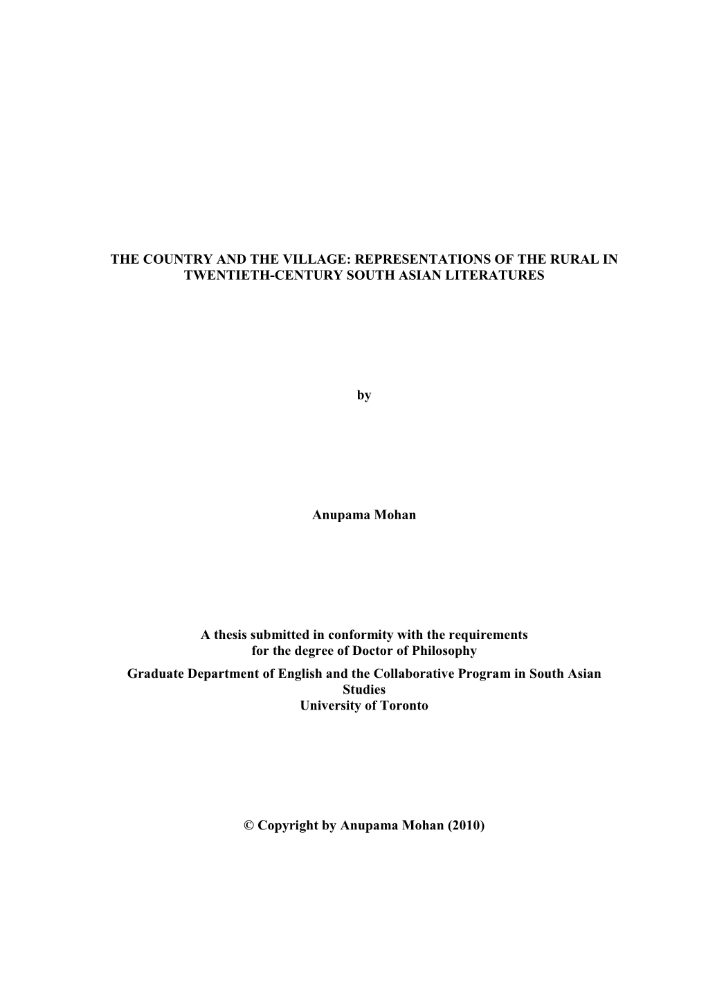 The Country and the Village: Representations of the Rural in Twentieth-Century South Asian Literatures