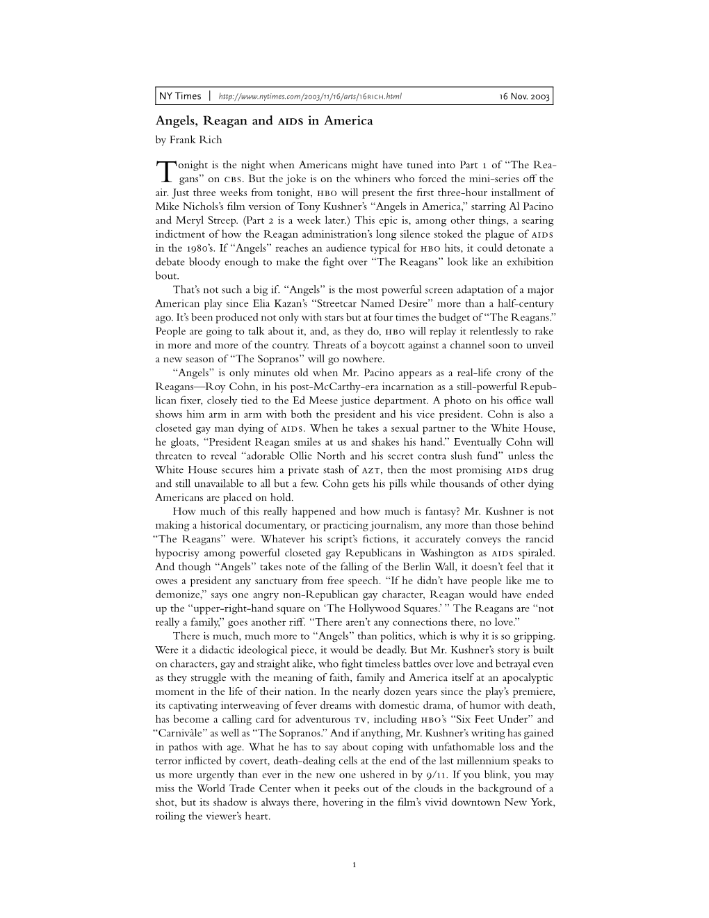 Angels, Reagan and AIDS in America by Frank Rich