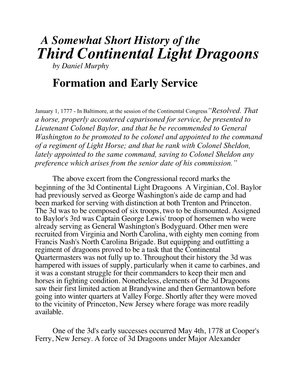 Third Continental Light Dragoons by Daniel Murphy Formation and Early Service