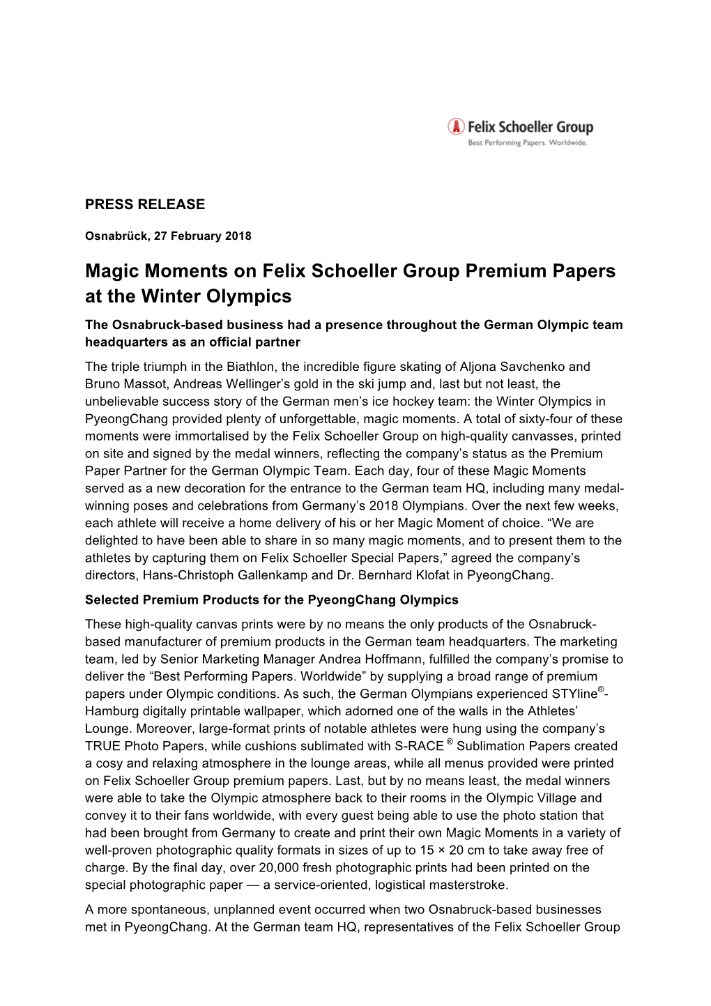 Magic Moments on Felix Schoeller Group Premium Papers at the Winter Olympics