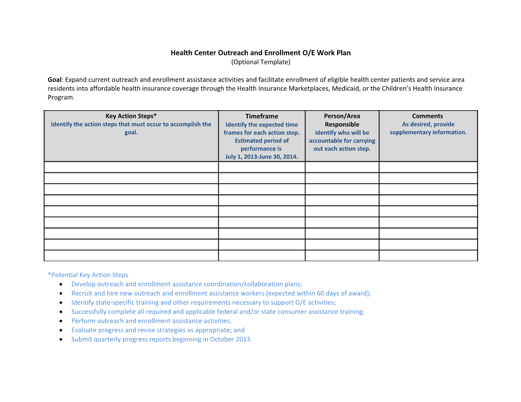 Health Center Outreach and Enrollment O/E Work Plan