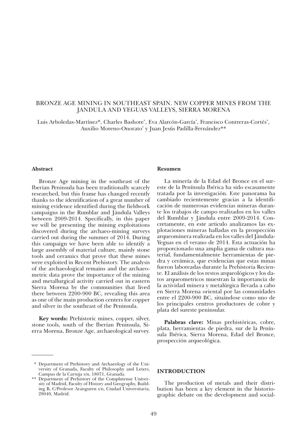 Bronze Age Mining in Southeast Spain. New Copper Mines from the Jandula and Yeguas Valleys, Sierra Morena