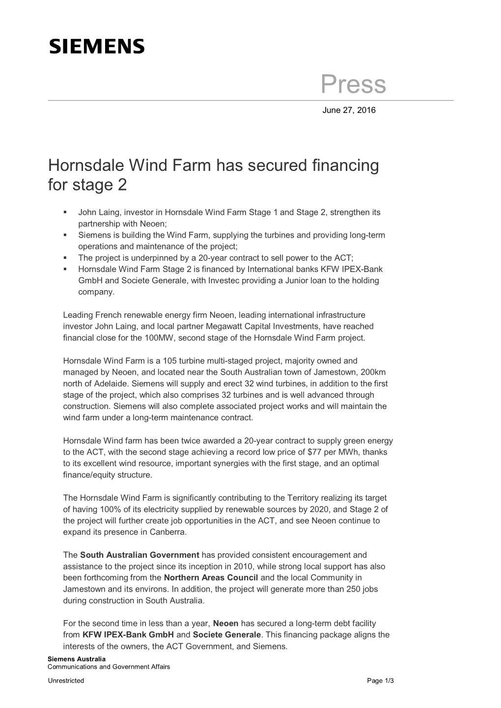 Hornsdale Wind Farm Has Secured Financing for Stage 2