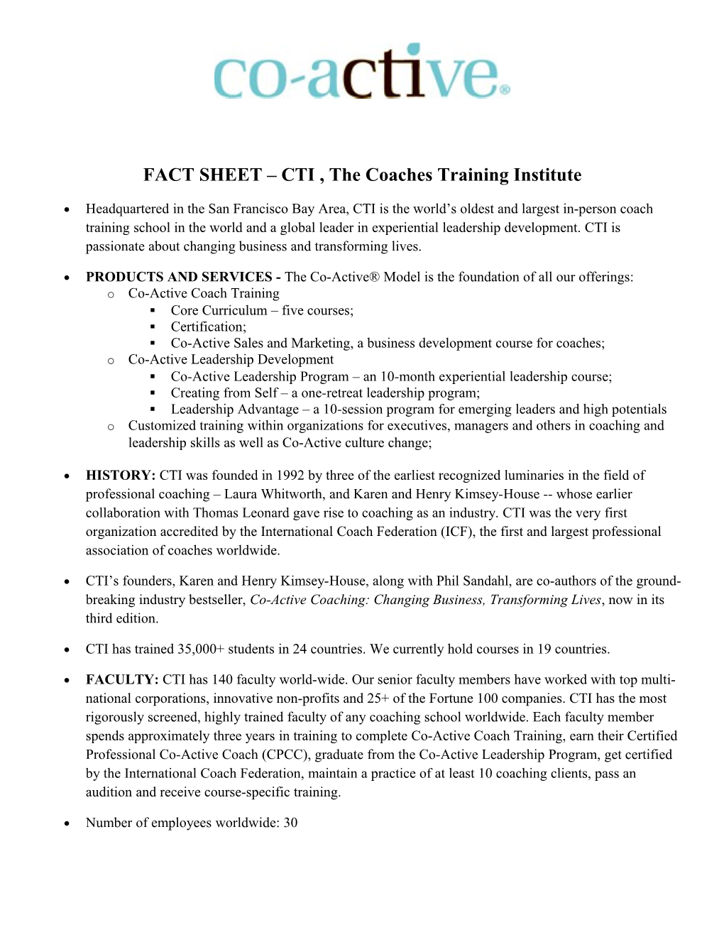 FACT SHEET CTI , the Coaches Training Institute