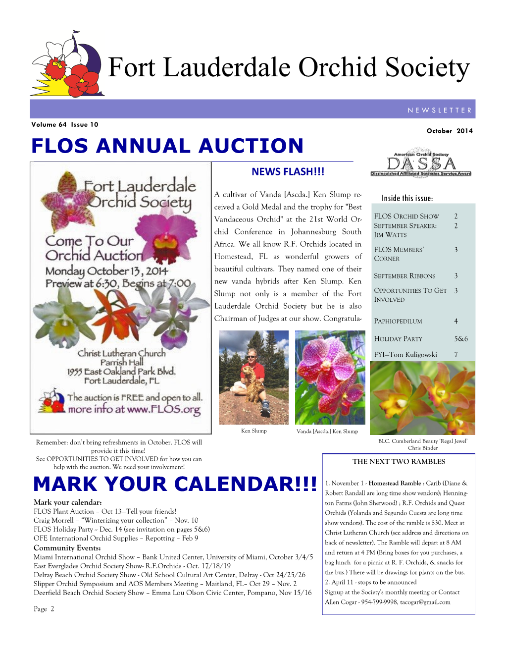 October 2014 FLOS ANNUAL AUCTION NEWS FLASH!!!