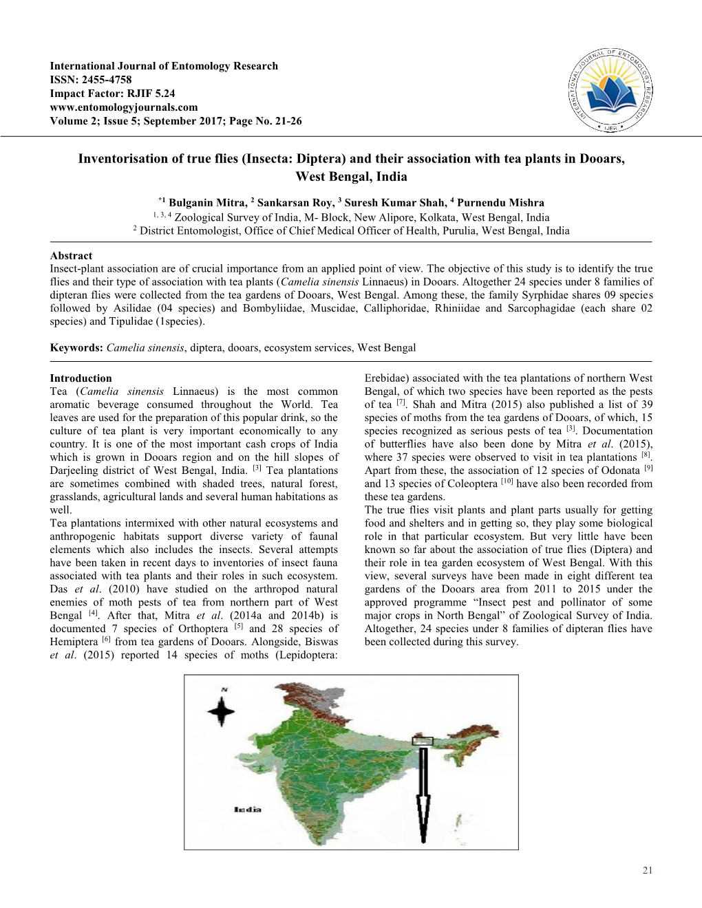 Inventorisation of True Flies (Insecta: Diptera) and Their Association with Tea Plants in Dooars, West Bengal, India