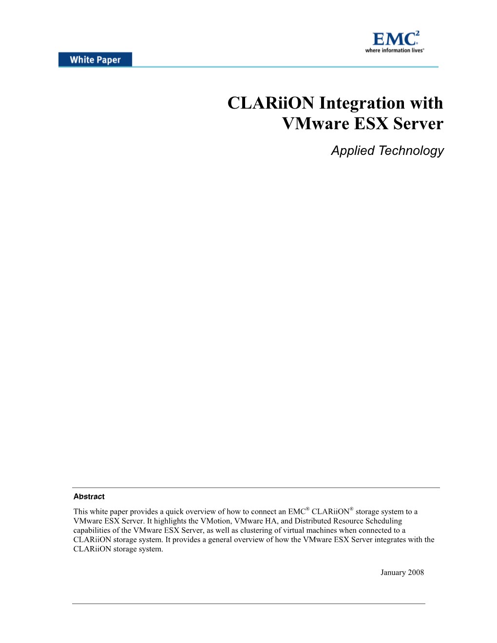 Clariion Integration with Vmware ESX Server Applied Technology