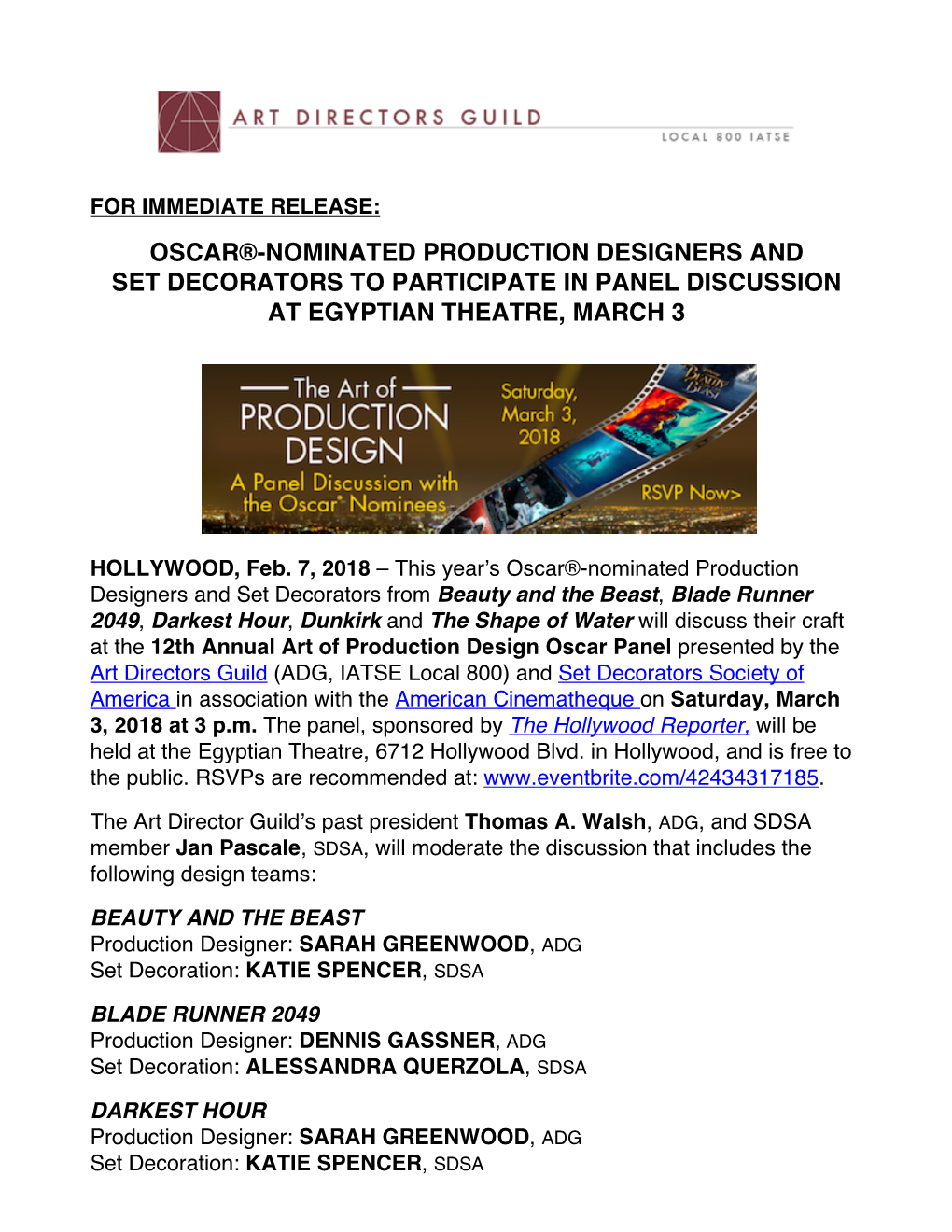 Oscar®-Nominated Production Designers and Set Decorators to Participate in Panel Discussion at Egyptian Theatre, March 3