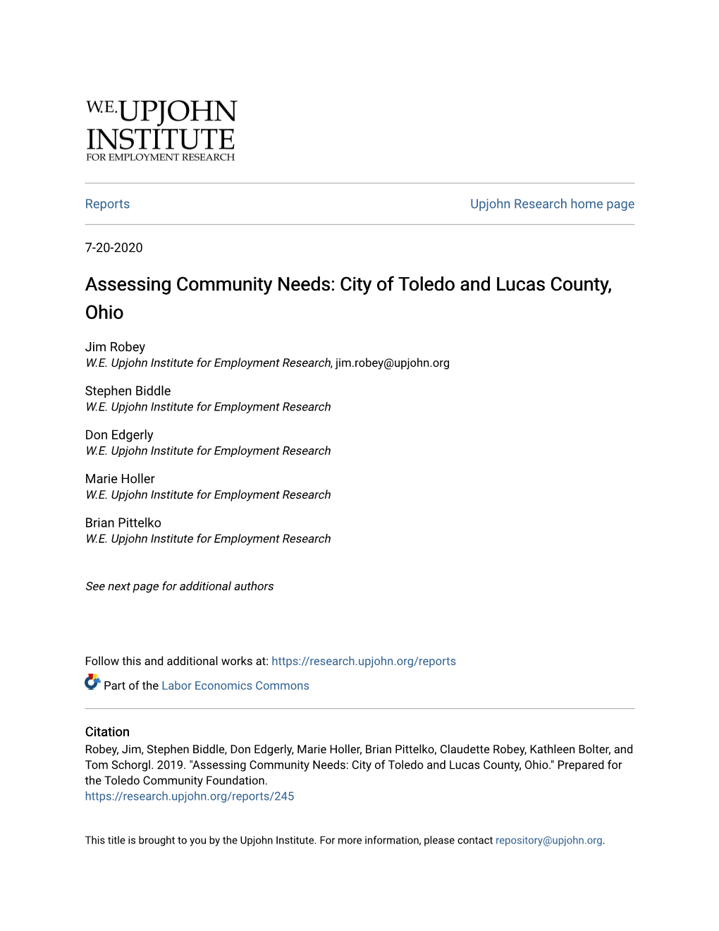 Assessing Community Needs: City of Toledo and Lucas County, Ohio