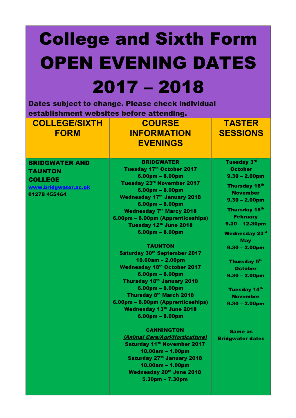 College and Sixth Form OPEN EVENING DATES 2017 – 2018 Dates Subject to Change