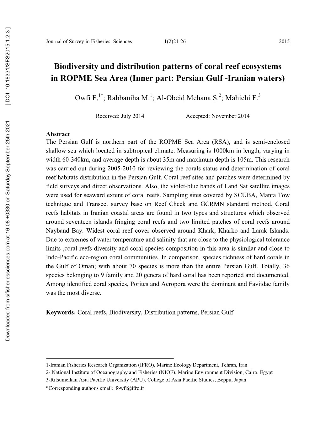 Biodiversity and Distribution Patterns of Coral Reef Ecosystems in ROPME Sea Area (Inner Part: Persian Gulf -Iranian Waters)