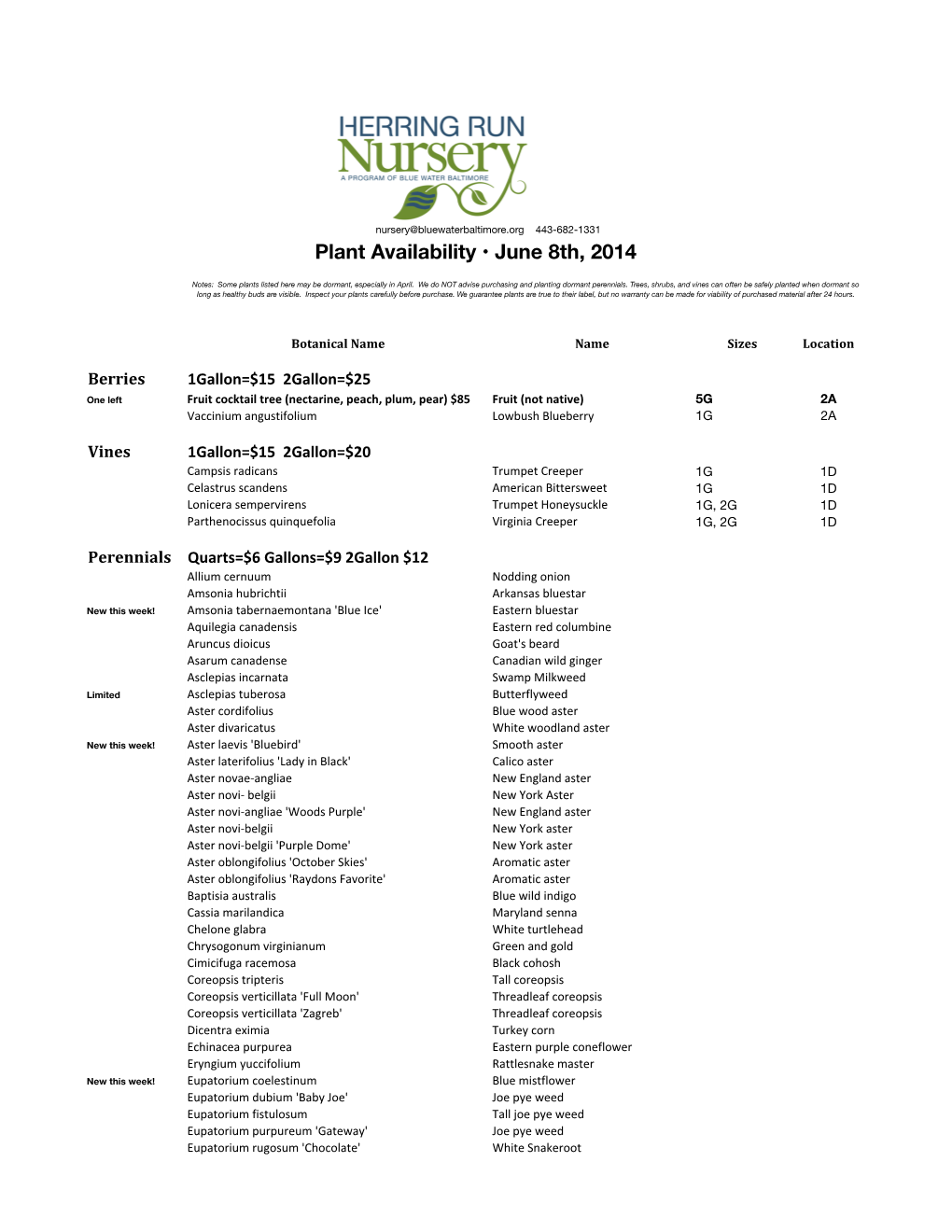 Plant Availability • June 8Th, 2014