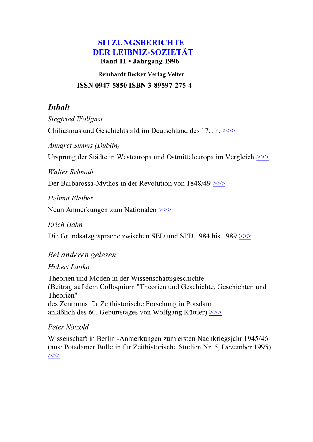 Sitzungsberichte Der Leibniz-Sozietät, Jahrgang 1996, Band 11