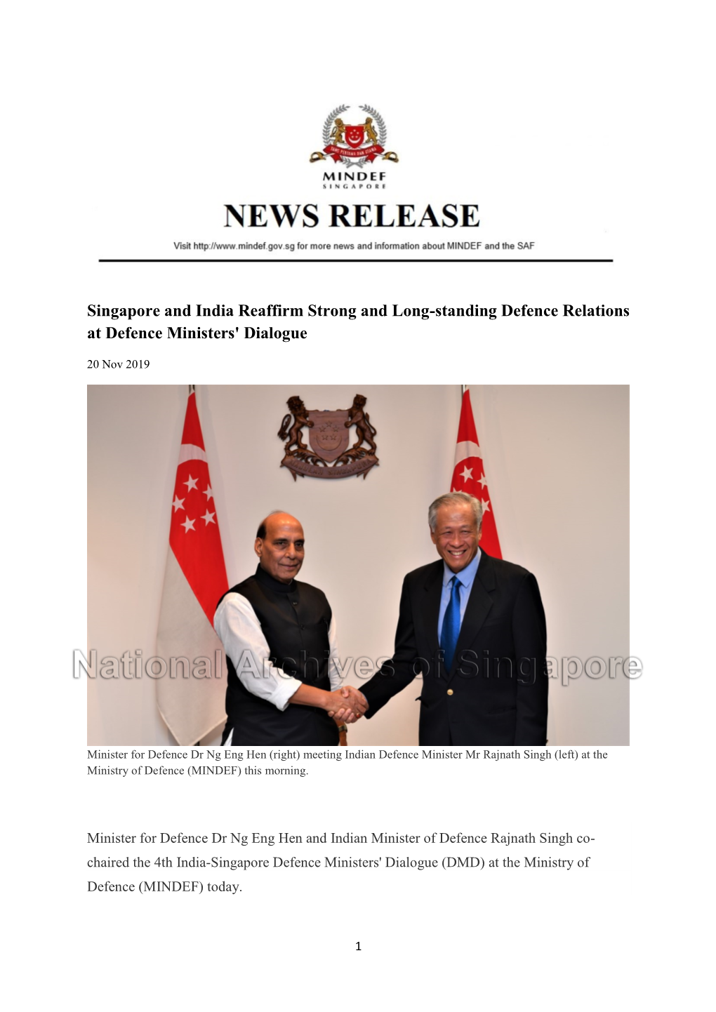 Singapore and India Reaffirm Strong and Long-Standing Defence Relations at Defence Ministers' Dialogue