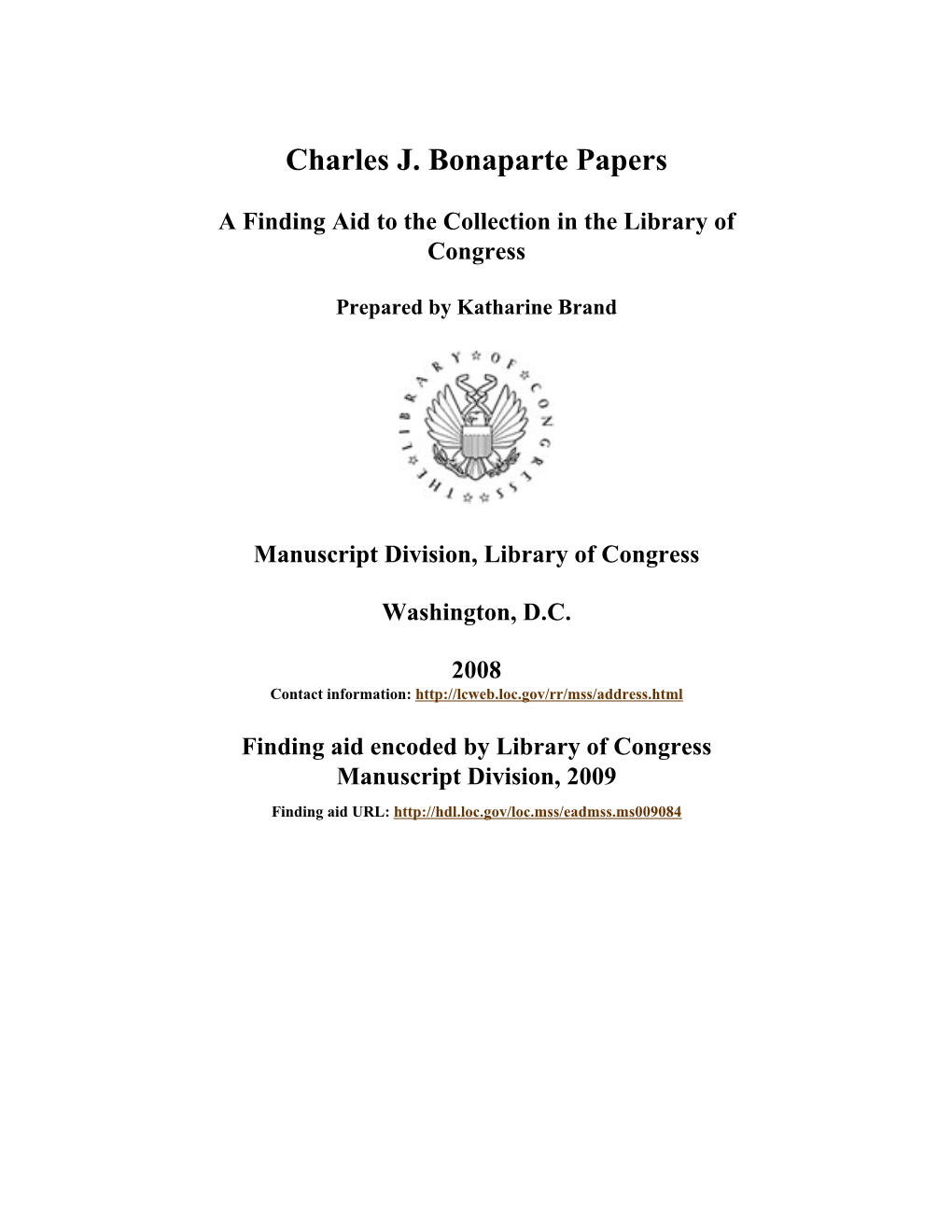 Charles J. Bonaparte Papers [Finding Aid]. Library of Congress. [PDF