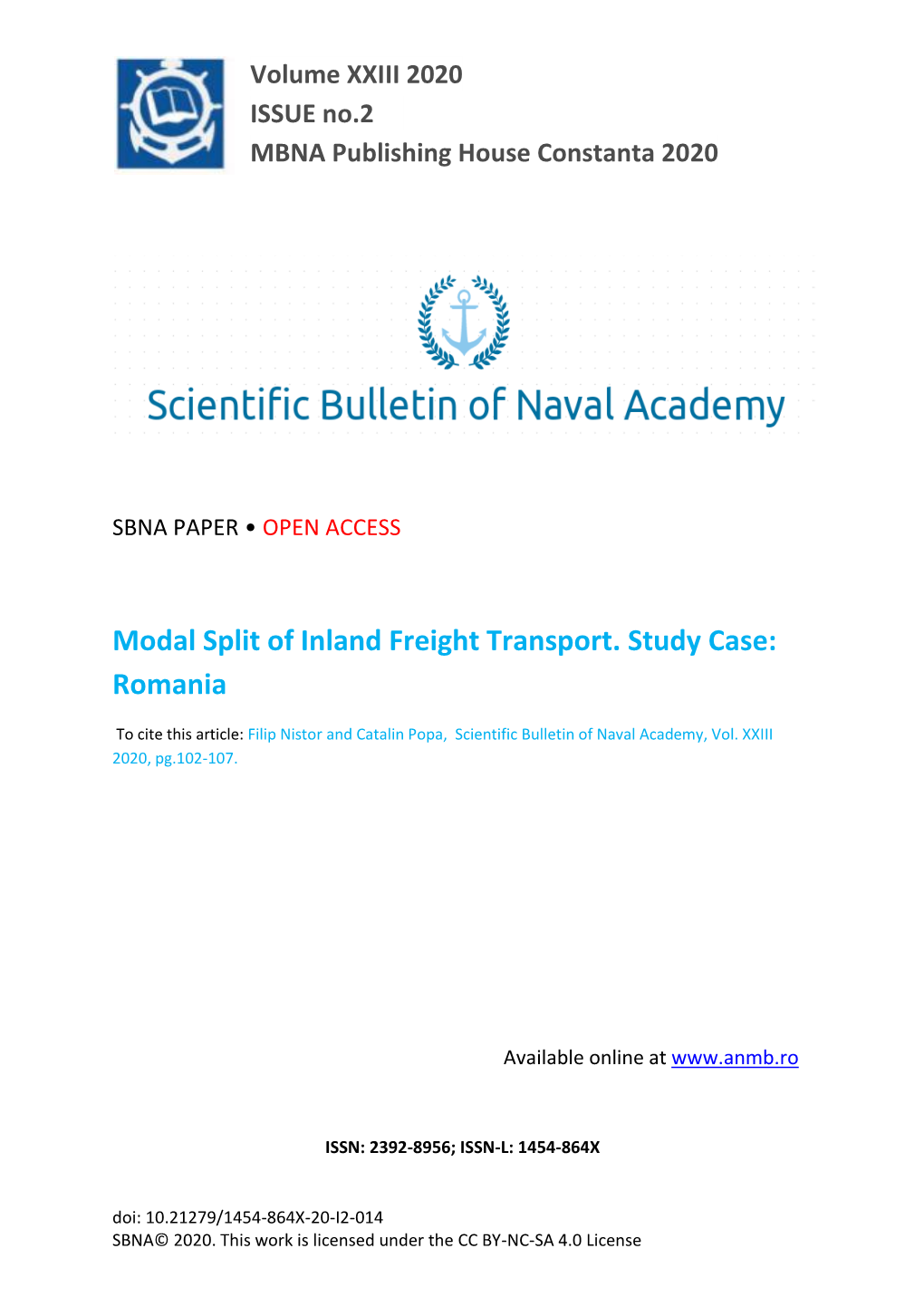 Modal Split of Inland Freight Transport. Study Case: Romania