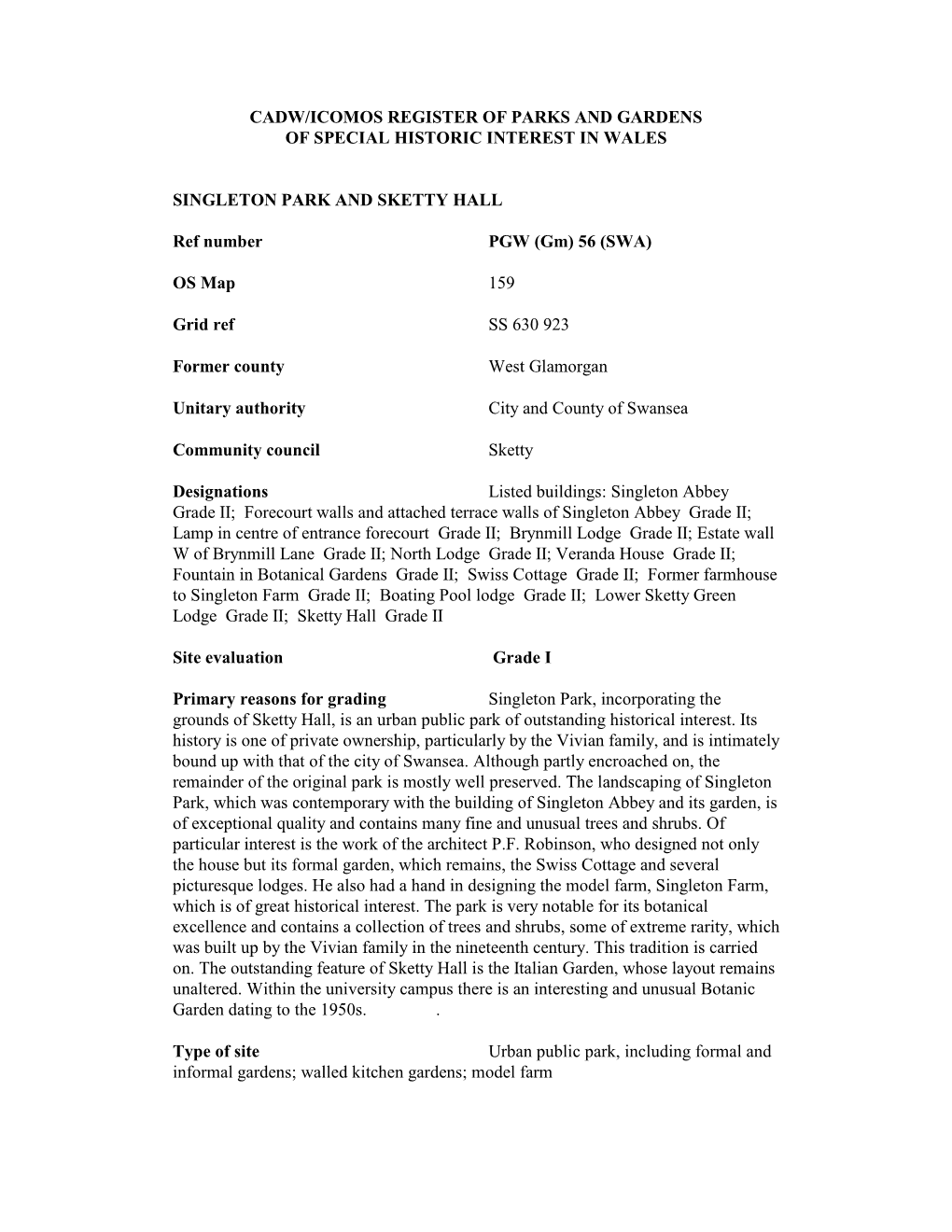 CADW/ICOMOS REGISTER of PARKS and GARDENS of SPECIAL HISTORIC INTEREST in WALES SINGLETON PARK and SKETTY HALL Ref Number PGW (