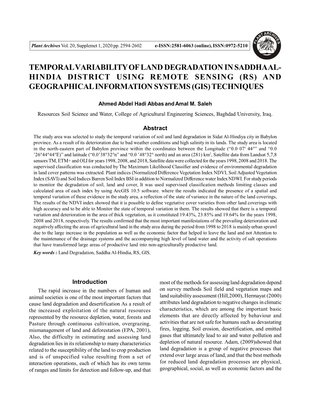 Temporal Variability of Land Degradation in Saddha Al- Hindia District Using Remote Sensing (Rs) and Geographical Information Systems (Gis) Techniques