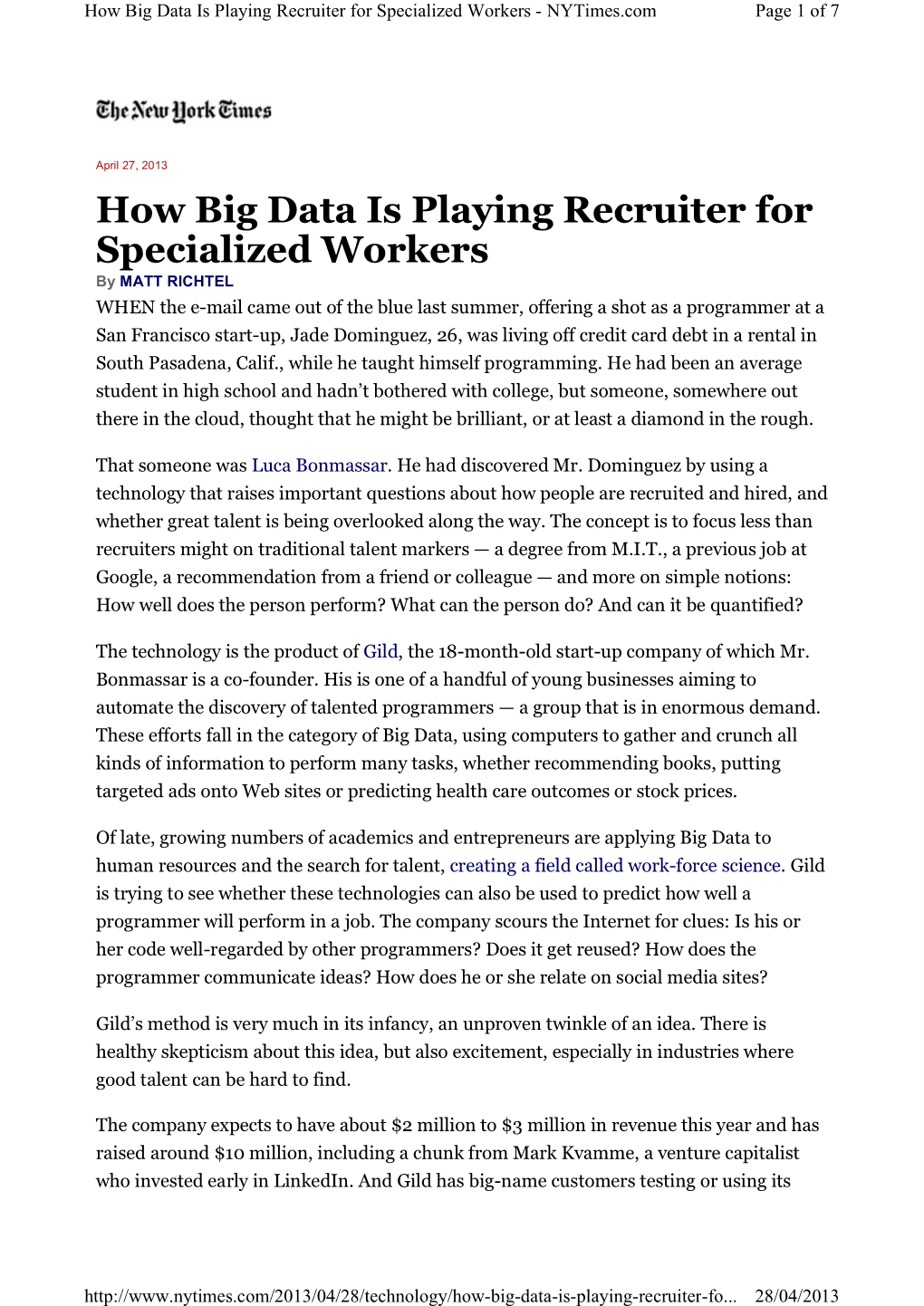 How Big Data Is Playing Recruiter for Specialized Workers - Nytimes.Com Page 1 of 7