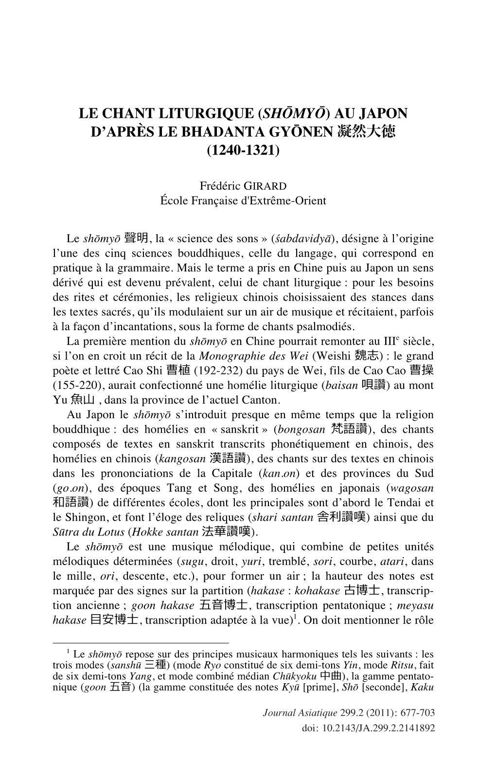 Le Chant Liturgique (Shōmyō) Au Japon D’Après Le Bhadanta Gyōnen 凝然大徳 (1240-1321)