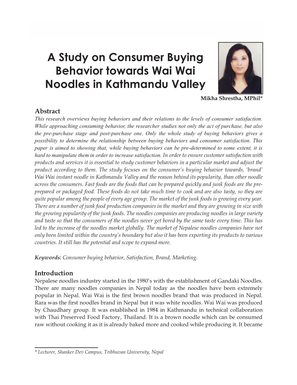 A Study on Consumer Buying Behavior Towards Wai Wai Noodles in Kathmandu Valley 