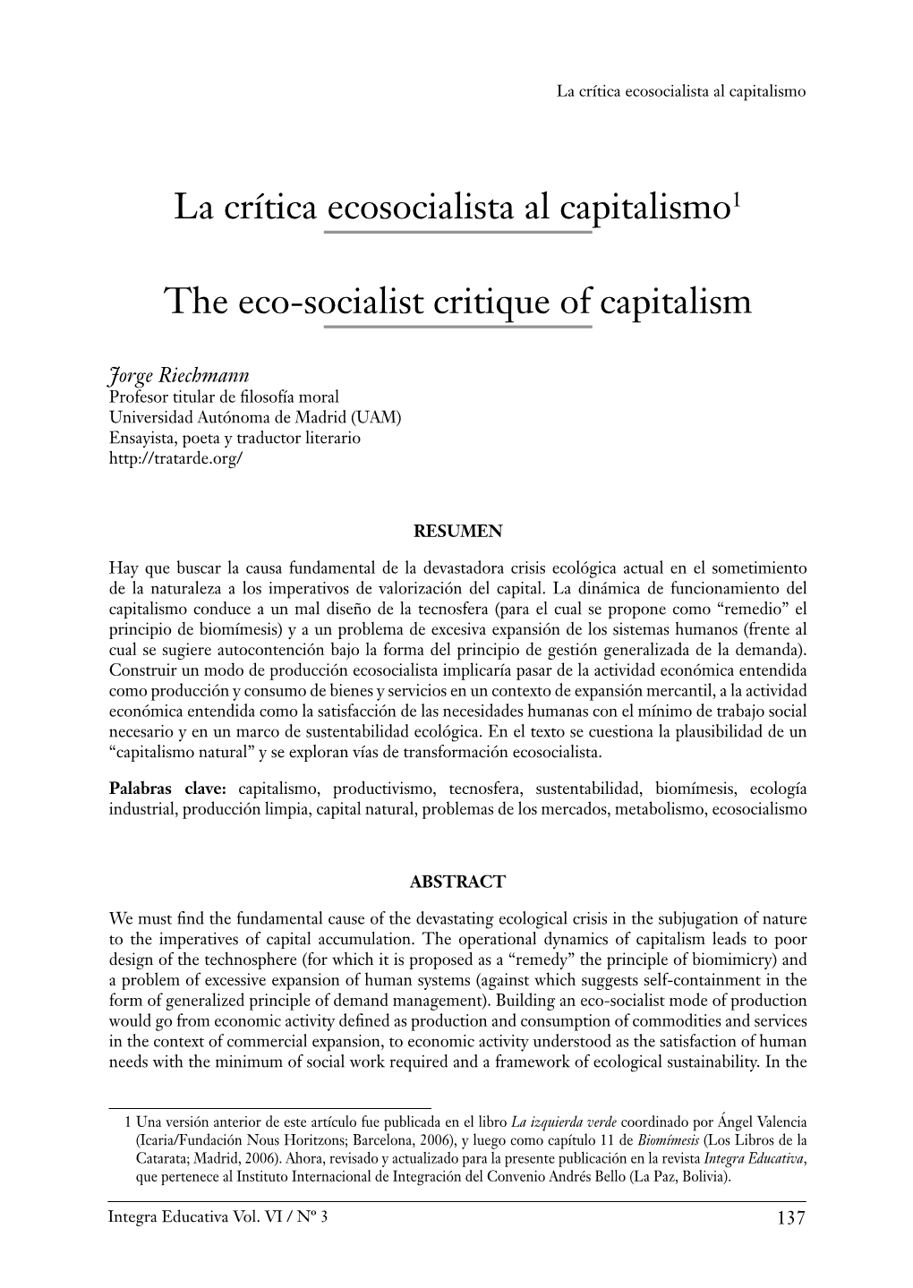 La Crítica Ecosocialista Al Capitalismo1 the Eco-Socialist Critique of Capitalism