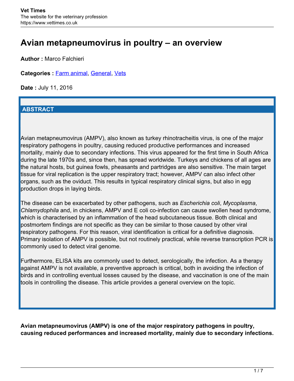 Avian Metapneumovirus in Poultry – an Overview