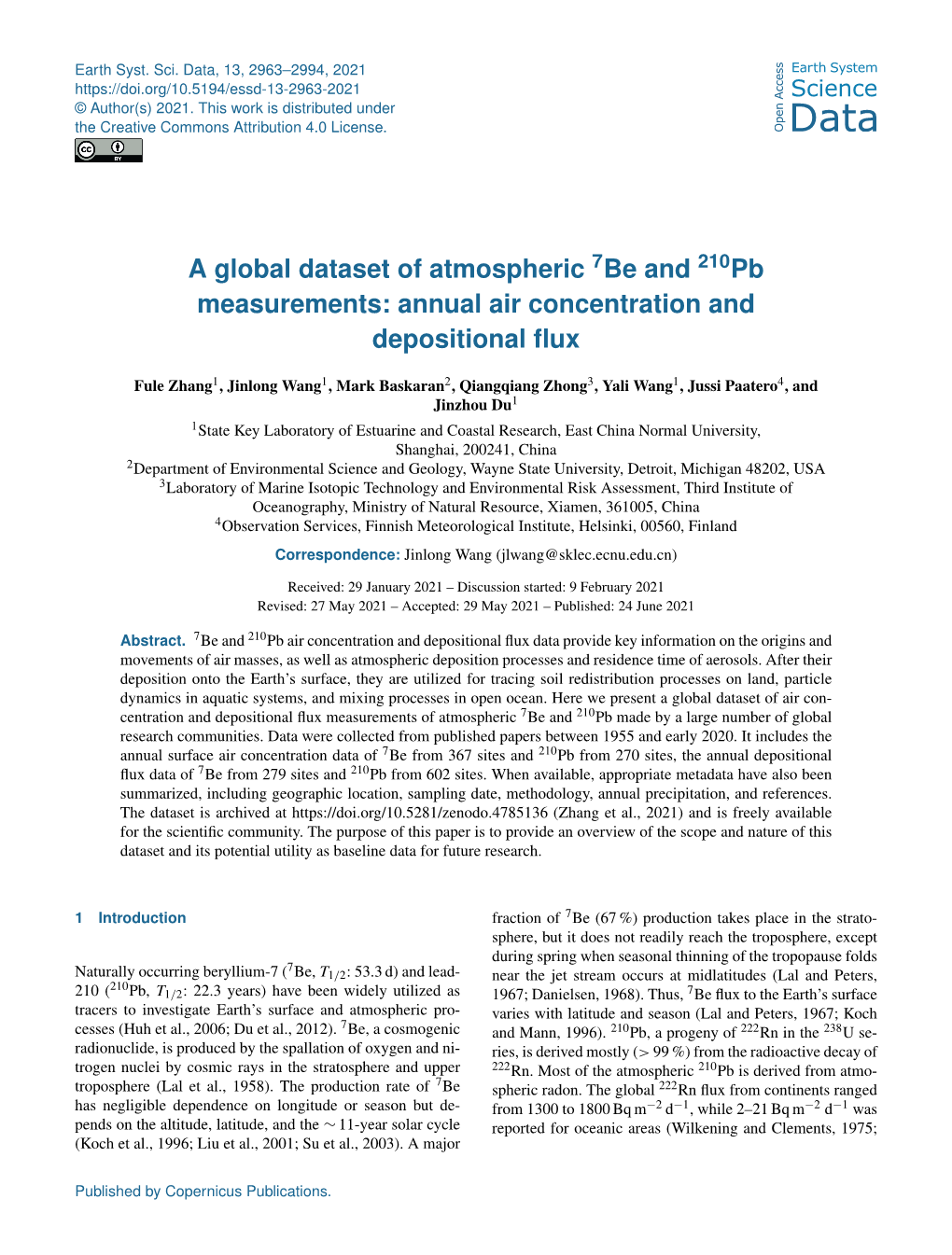 A Global Dataset of Atmospheric Be and Pb Measurements: Annual Air Concentration and Depositional Flux
